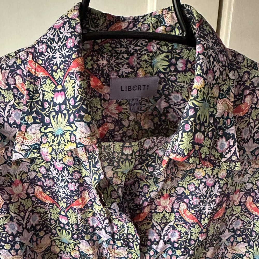 Liberty of London Floral & Bird Button-Down Shirt in Navy, Pink, Green